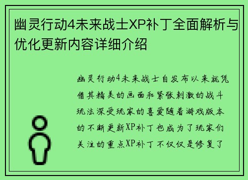 幽灵行动4未来战士XP补丁全面解析与优化更新内容详细介绍